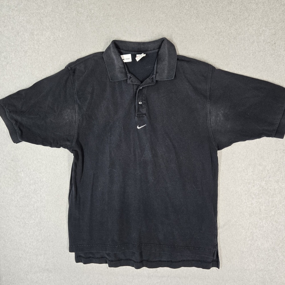 VINTAGE Nike Men Polo L Black Embroidered Mini Center Swoosh Logo Short Sleeve